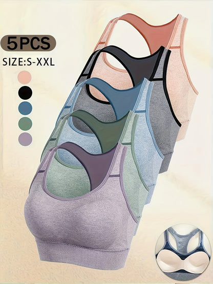 Women's Seamless Sports Bra 5-Pack – Wire-Free Soft Yoga Gym Bra, Opaque Stretch Fabric, Comfortable Everyday Fitness Bralette Set for Workout, Yoga & Casual Wear