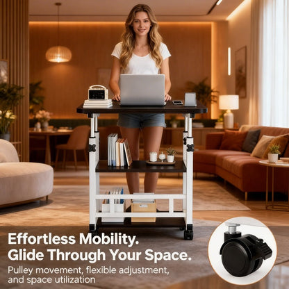 Rolling Bedside Desk Height Adjustable 23-35 Inch with Storage Shelf & Omnidirectional Wheels for Home Bedroom Office Laptop Table