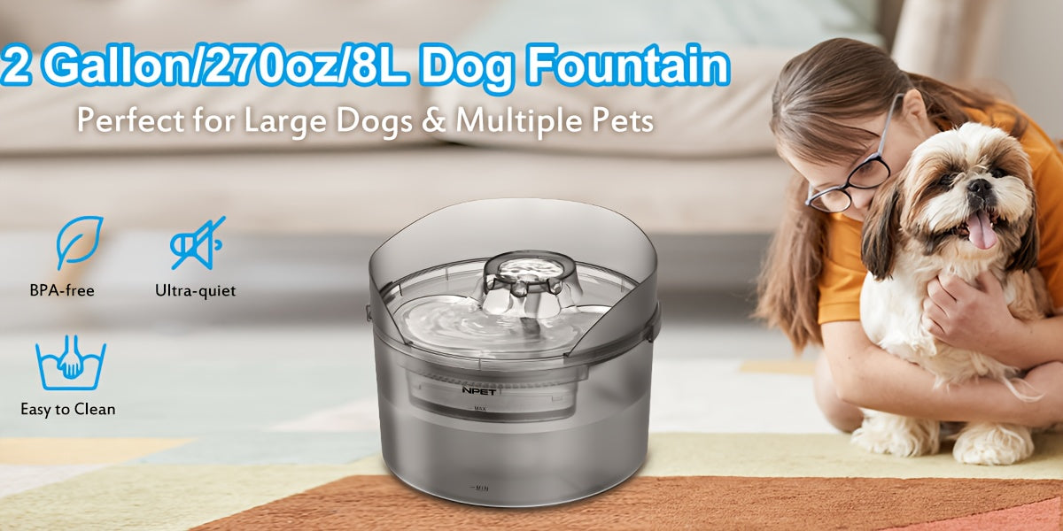 Large Dog Water Fountain 5L & 8L with Triple Filtration System, Automatic Pet Water Dispenser with Splatter Guard & Cleaning Kit for Large Dogs and Multiple Pets – Quiet Pump, No Battery Needed