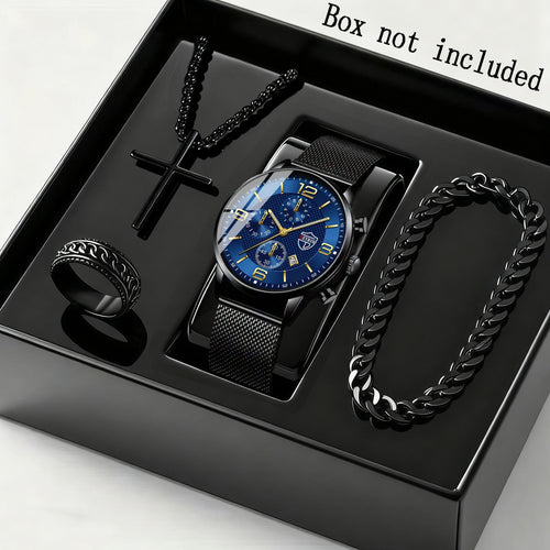 Men's Quartz Watch & Bracelet Jewelry Set 4pcs – Stainless Steel Date Display Casual Business Wristwatch with Bracelet & Necklace, Elegant Gift Set for Men