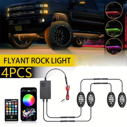 RGB LED Rock Lights Kit for Trucks & Pickup – Sound Activated, APP & Remote Control, Multicolor Underglow Chassis Neon Light, 9 Large Light Beads, 4/6/8/10 Pods Underbody Lighting