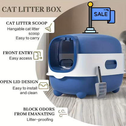 Covered Cat Litter Box – Spacious Fully Enclosed Design with Scoop, Spill Prevention & Odor Control, Easy to Clean & Store, Ideal for All Cats
