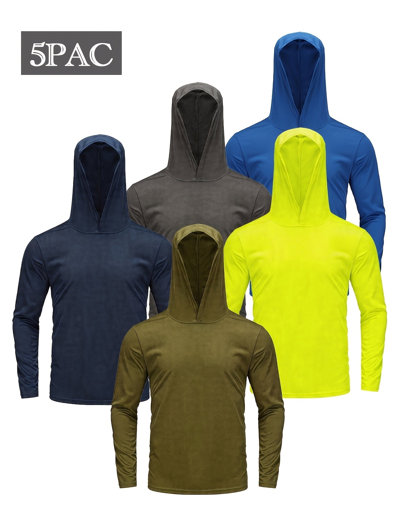 Men's Quick-Dry Hoodie 5-Pack Windproof Moisture-Wicking – Breathable Ice-Fabric Long Sleeve Athletic Sweatshirt for Sports Fitness Outdoor Hiking, S M L XL XXL XXXL