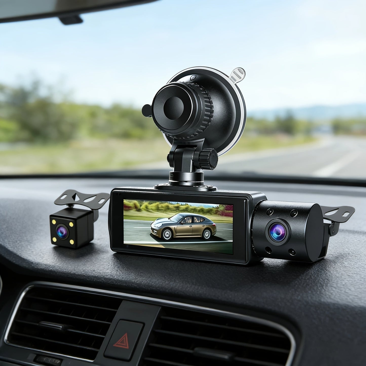 3-Channel Dash Cam with Infrared Night Vision & Smartphone App – Front, Rear & Interior Car Camera with Loop Recording, Wide Angle Lens, Optional 64GB/512GB Memory Card for Cars, Trucks & Rideshare