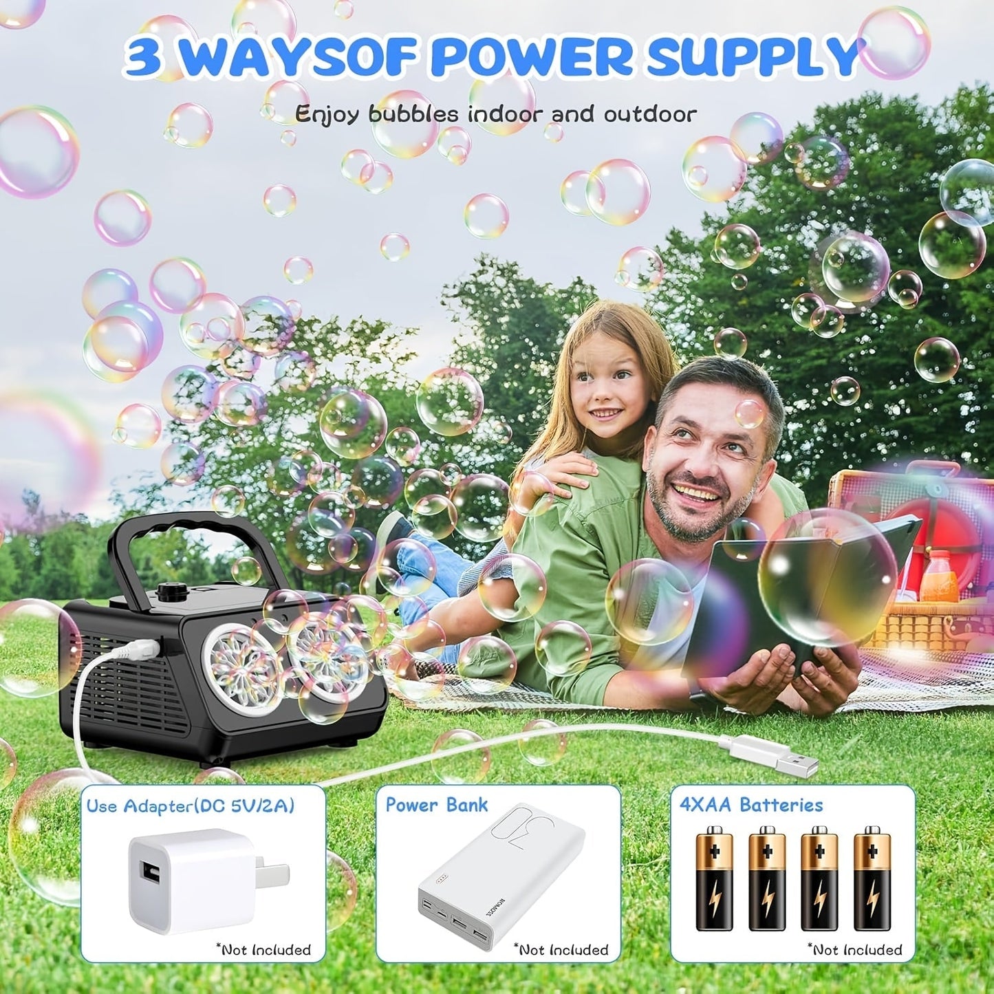 Automatic Bubble Machine Upgraded Thickened 2-Fan Design 20000 Plus Bubbles Per Minute Plugin or Battery Powered Portable Indoor Outdoor Bubble Blower for Birthday Party Wedding Kids White Black