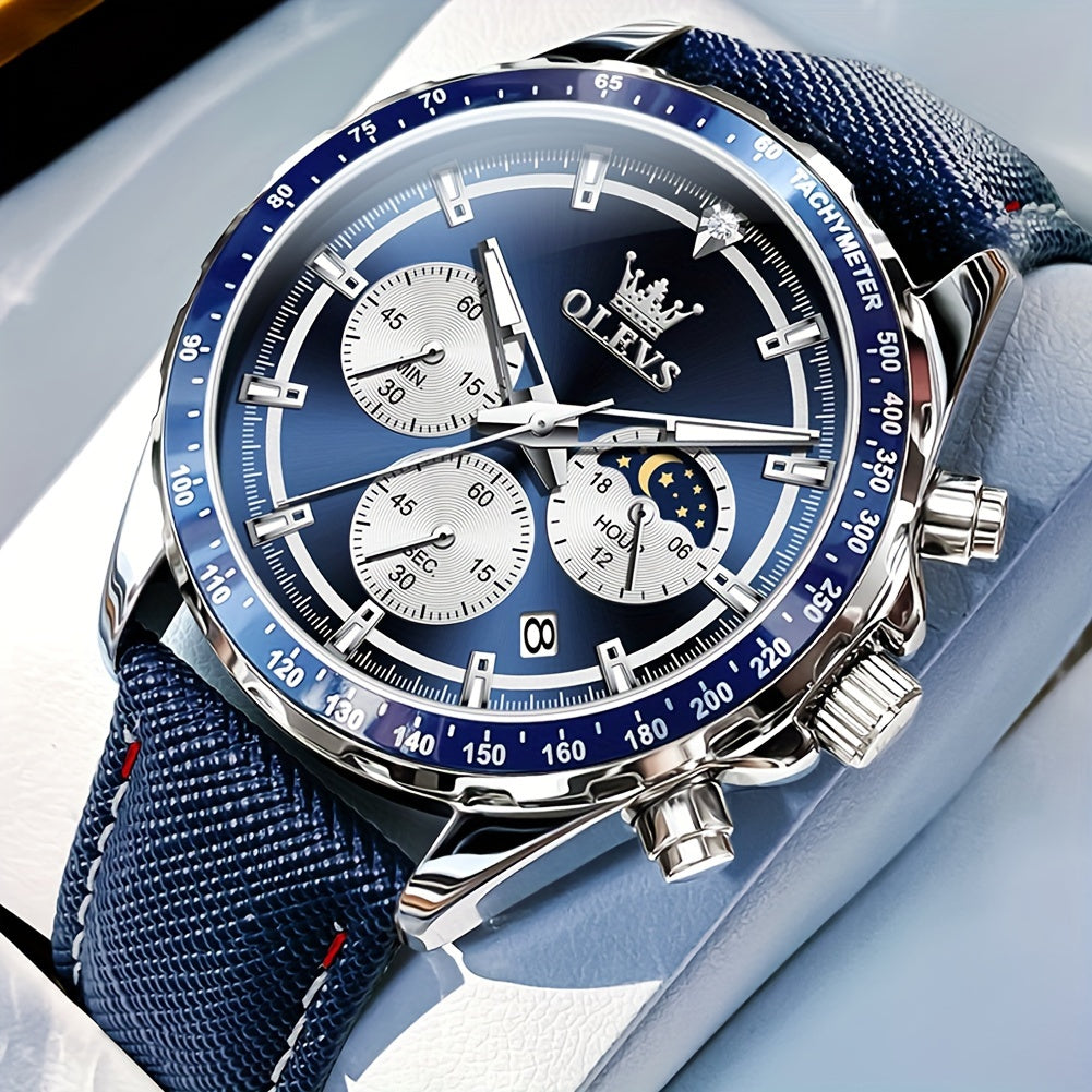OLEVS Men's Luxury Quartz Watch – Moon Phase Calendar Big Face Chronograph, Waterproof Leather Wristwatch with Luminous Hands, Elegant Dress Watch for Men, Birthday Father's Day Gift Blue Black White Green