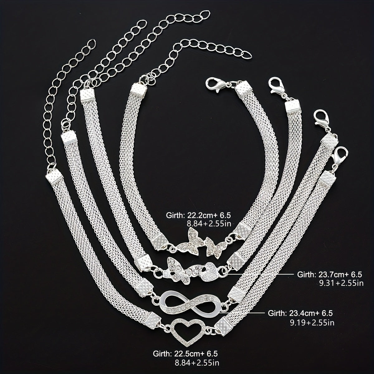 925 Silver Butterfly Infinity Anklet Set 4pcs – Stackable Foot Chain Bracelet for Women, Elegant Summer Jewelry, Mother's Day & Birthday Gift