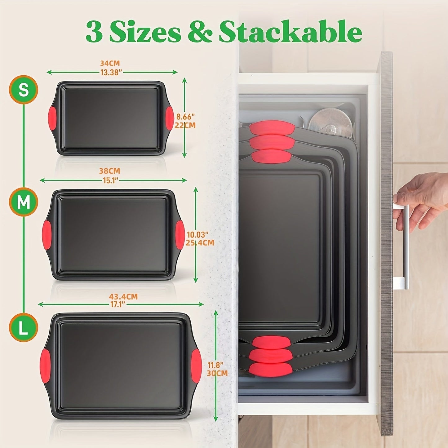 Carbon Steel Nonstick Baking Pan Set 3/9 Pcs – Commercial Grade Oven Safe Bakeware with Red Silicone Handles, Non-stick Inside & Outside, Restaurant Quality Kitchen Cookware for Home Baking