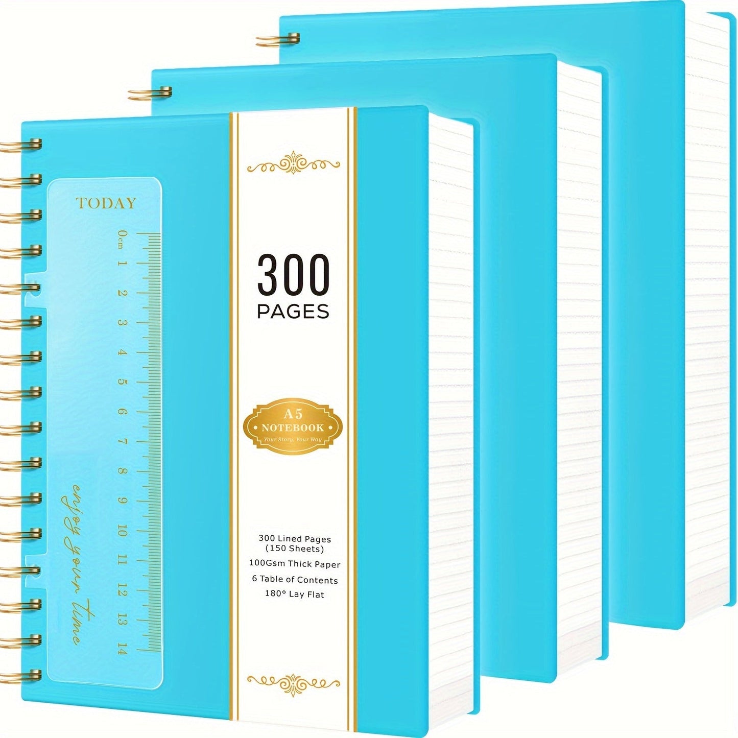 Spiral Notebook 3 Pack A5 Hardcover College Ruled Journal Set, 300 Pages 100GSM Thick Paper, PVC Cover Notepad for Women Girls Students, 5.7" x 8.4" with Ruler