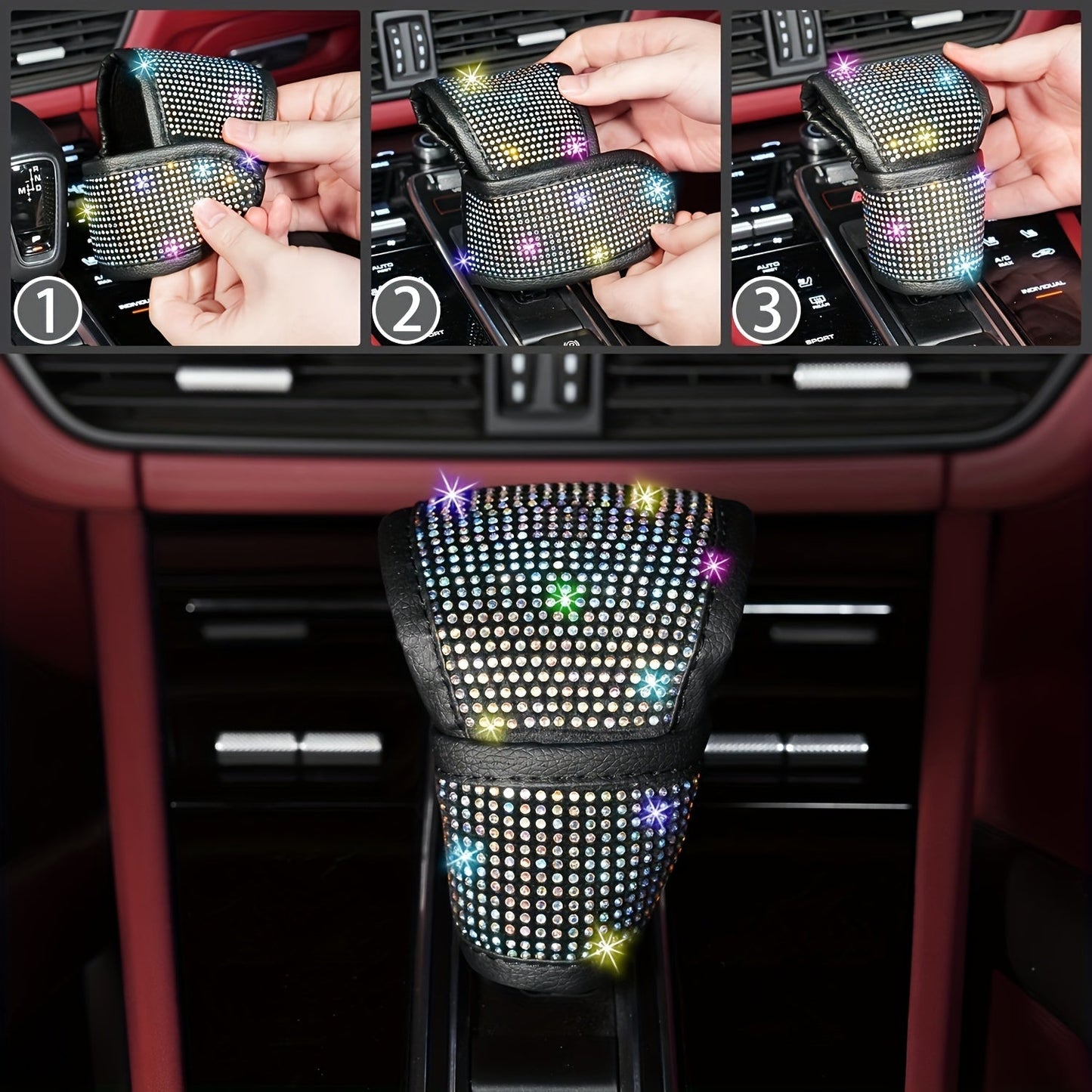 8pc Rhinestone Bling Car Accessories Set for Women – Steering Wheel Cover, Coasters, Seatbelt Pads, Starter Rings & Shift Knob Cover, 7 Colors, Sparkly Glitter Interior Kit