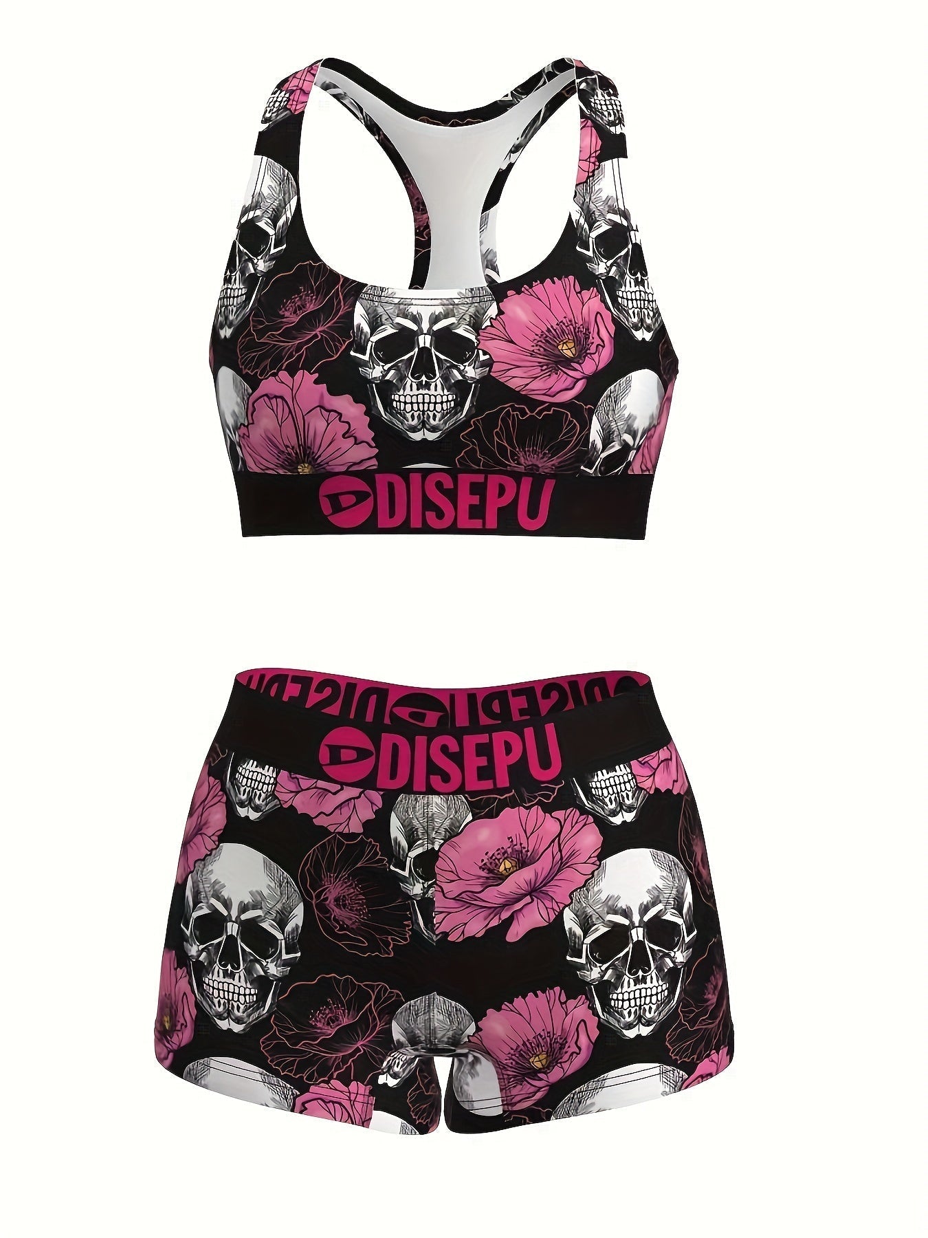 Women's Skull Pink Flower Print Sports Bra and Shorts Set - 2 Piece Gothic Floral High Stretch Activewear for Gym Yoga Running Halloween Workout, Breathable Athletic Outfit Sizes S-XXL