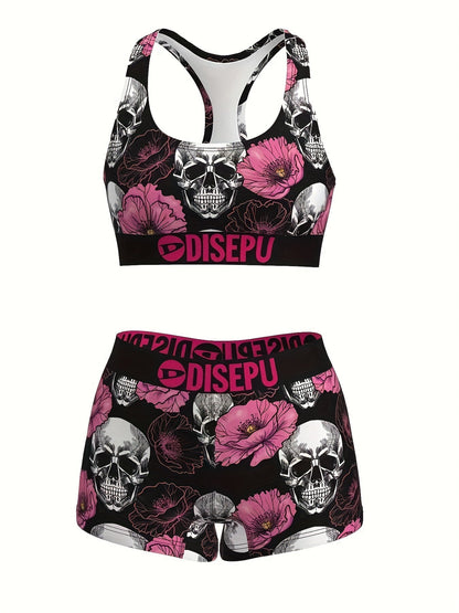Women's Skull Pink Flower Print Sports Bra and Shorts Set - 2 Piece Gothic Floral High Stretch Activewear for Gym Yoga Running Halloween Workout, Breathable Athletic Outfit Sizes S-XXL