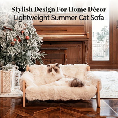Elevated Pet Sofa Bed Solid Wood Dog Cat Lounge Chair with Bamboo Mat Modern Pet Furniture for Small Medium Dogs Cats Sturdy Stylish Gray White