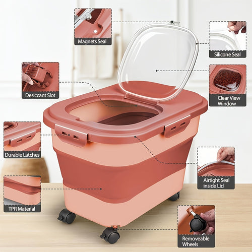 Foldable Pet Food Storage Container with Airtight Lid & Wheels – Large Capacity Moisture-Proof Dog Cat Food Bin 5–30 LBS, Collapsible Storage for Pet Food, Grains & Flour, Gray Green Pink