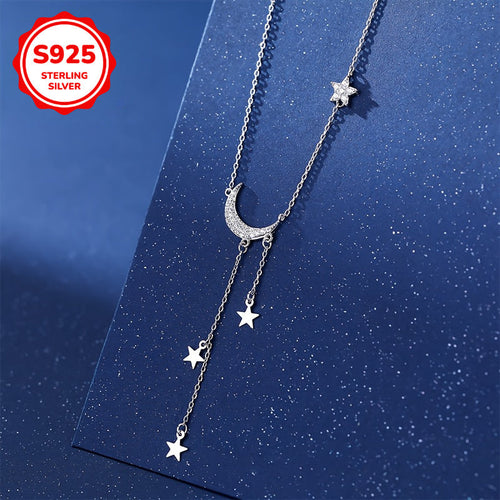 S925 Sterling Silver Boho Moon & Star Tassel Pendant Necklace for Women – Celestial Hypoallergenic Jewelry, Cute Dainty Necklace for Daily Wear, Mother's Day, Birthday & Gift