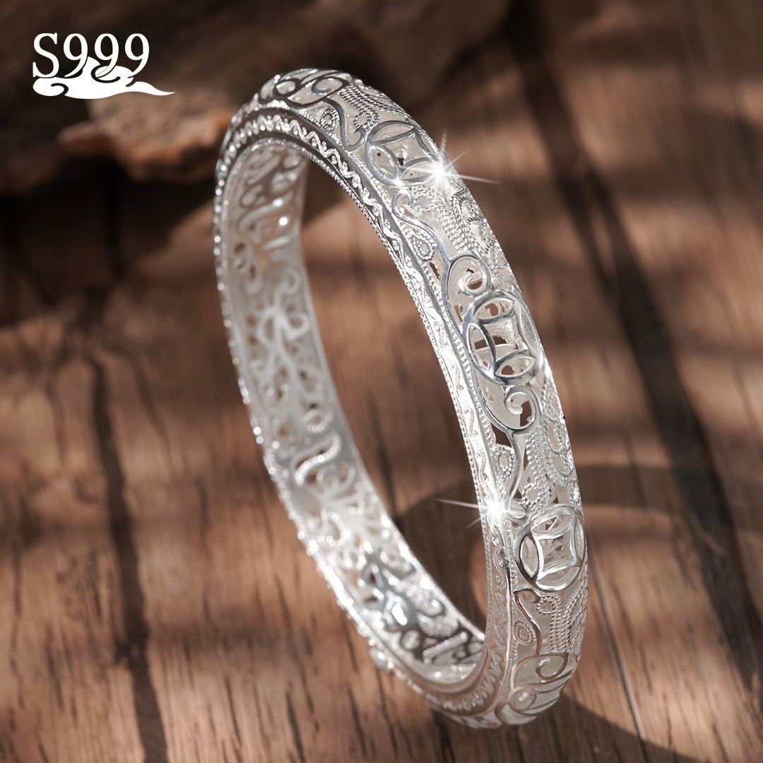 S999 Pure Silver Bangle Bracelet for Women – Solid Closed-End Cuff, High-Purity Fine Silver Jewelry, Elegant Shining Fashion Accessory, Perfect Birthday & Anniversary Gift for Her