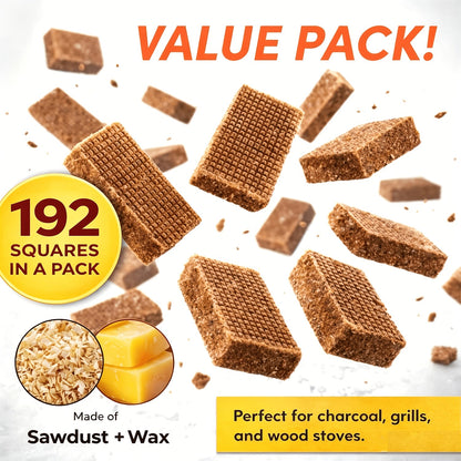 Fire Starter Squares – Waterproof Odorless Charcoal Firestarter Cubes for Campfire, BBQ, Grill, Fireplace & Wood Stove, No Kindling Needed, 32/64/128/192 Piece Packs