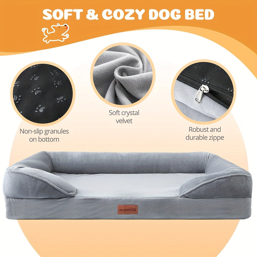 Extra Large Dog Sofa Bed 100% Supportive Foam 4-Sided Bolster Removable Washable Cover Non-Skid Bottom Joint Support Soft Warm Pet Couch Bed Grey M L XL XXL All Breeds