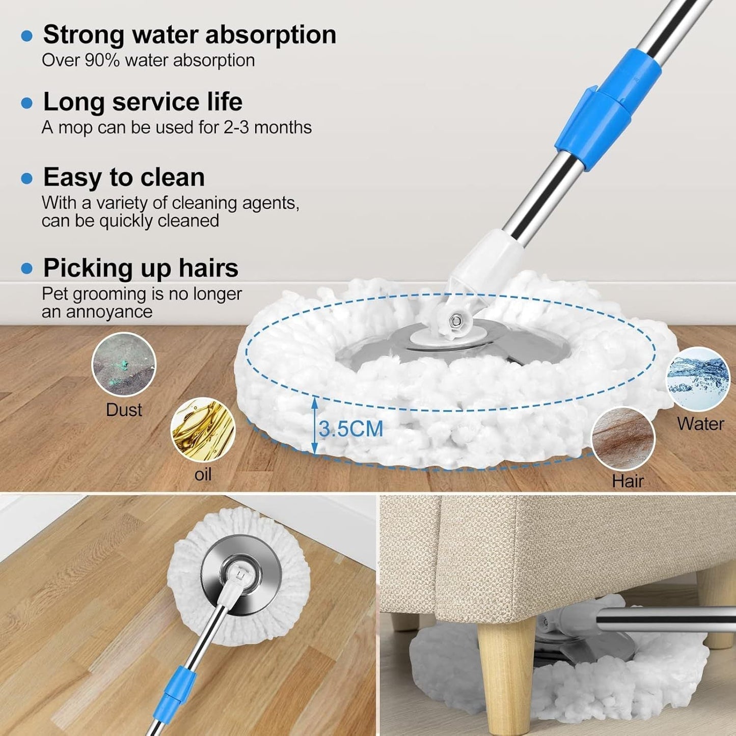 360° Spin Mop and Bucket Set with Wringer – Microfiber Mop Refills, Stainless Steel Extended Handle, Separate Compartment, Floor Cleaning System
