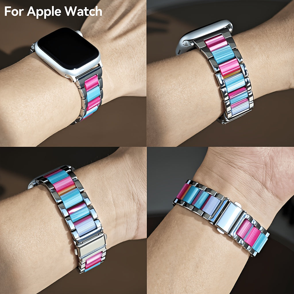 Apple Watch Band Women 42 44 45 46 49mm Stainless Steel Resin Starlight Rainbow Replacement Strap for iWatch Series 3-11 SE Ultra 1 2 3 – Work Office Fitness Party