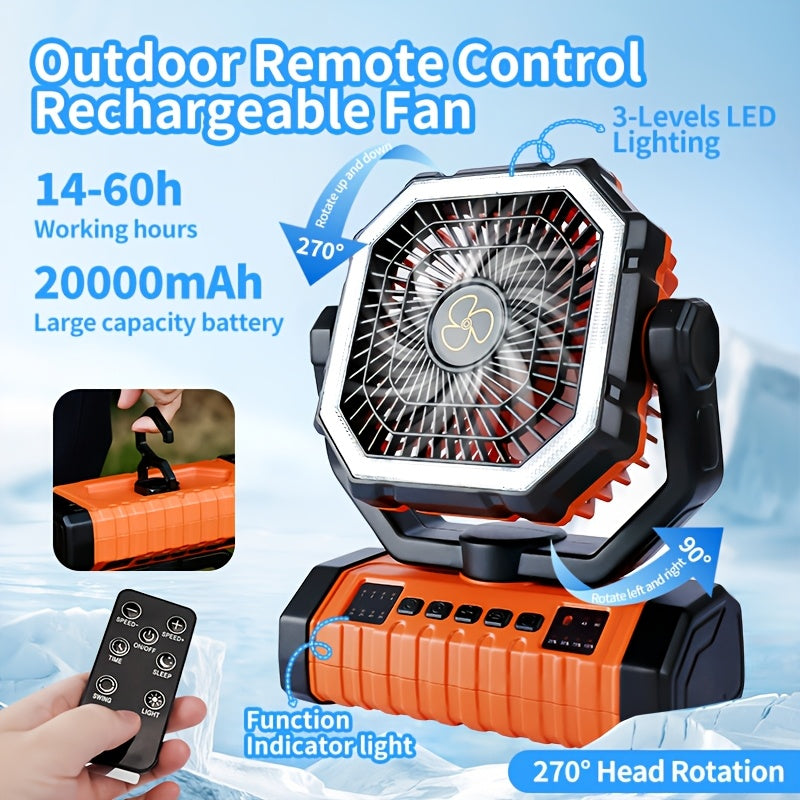 20000mAh Portable Camping Fan with LED Light – USB Rechargeable Outdoor Tent Fan for Hiking, Fishing & Camping – Durable Compact Design with Handle, Green & Orange