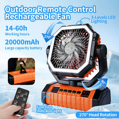 20000mAh Portable Camping Fan with LED Light – USB Rechargeable Outdoor Tent Fan for Hiking, Fishing & Camping – Durable Compact Design with Handle, Green & Orange