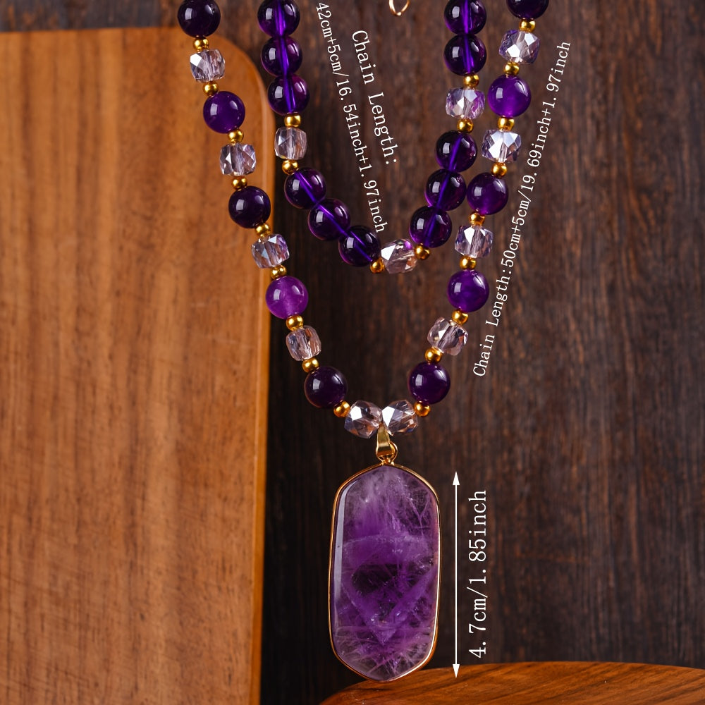 2-Pack Bohemian Natural Amethyst Double Layer Necklace Purple Stone Crystal Pendant Women Vintage Handcraft Mother's Day Birthday Gift