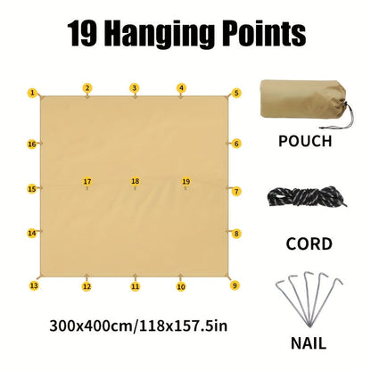 Waterproof Camping Tarp Shelter 19 Tethering Points Hammock Rain Fly Sunshade Lightweight Survival Tarpaulin for Hiking Backpacking Cycling DIY Outdoor Canopy Sun Protection Emergency Shelter