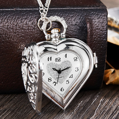 Retro Heart Shaped Pocket Watch Necklace for Women – Vintage Silver Hollow Quartz Pendant Sweater Chain Jewelry Gift for Ladies