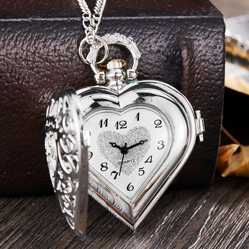 Retro Heart Shaped Pocket Watch Necklace for Women – Vintage Silver Hollow Quartz Pendant Sweater Chain Jewelry Gift for Ladies