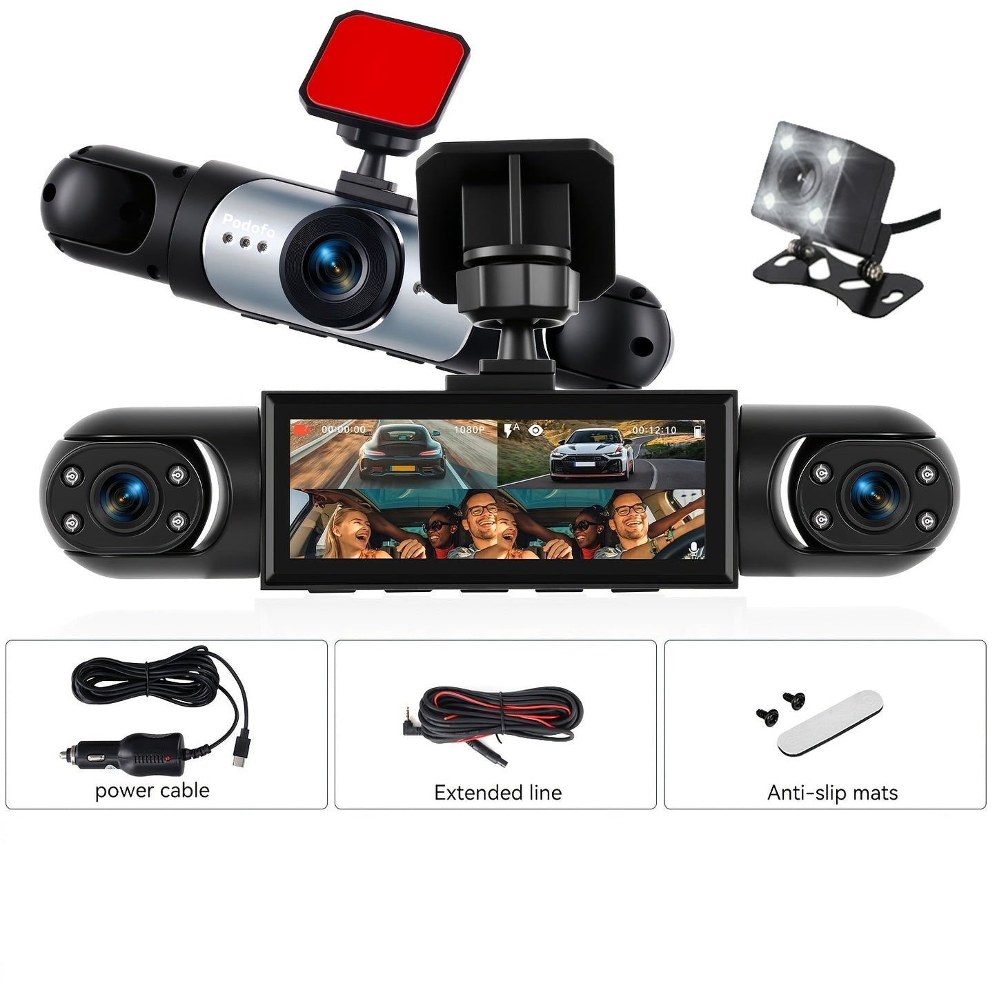 360° 4-Channel Dash Cam 1080P Full Coverage – Front 1080P + 720P Front/Rear/Left/Right, Night Vision WDR G-Sensor Loop Recording, Car Driving Recorder with Optional 32GB/64GB TF Card
