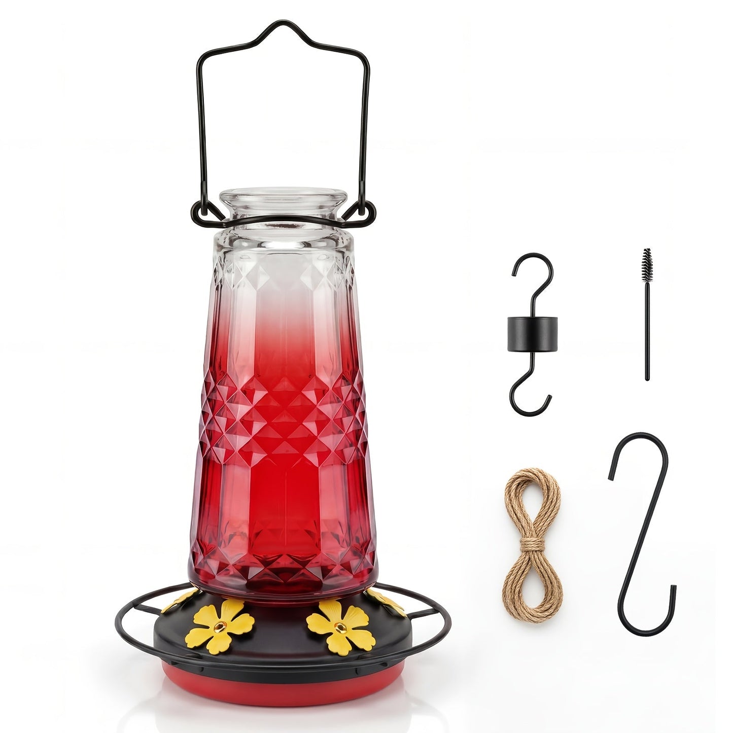 Glass Hummingbird Feeder for Outdoors Hanging – 24 Oz Nectar Feeder with 6 Feeding Ports, Ant Moat & Leak-Proof Design, 1 or 2 Pack, Red, Blue & Purple, Garden Patio Gift for Bird Lovers