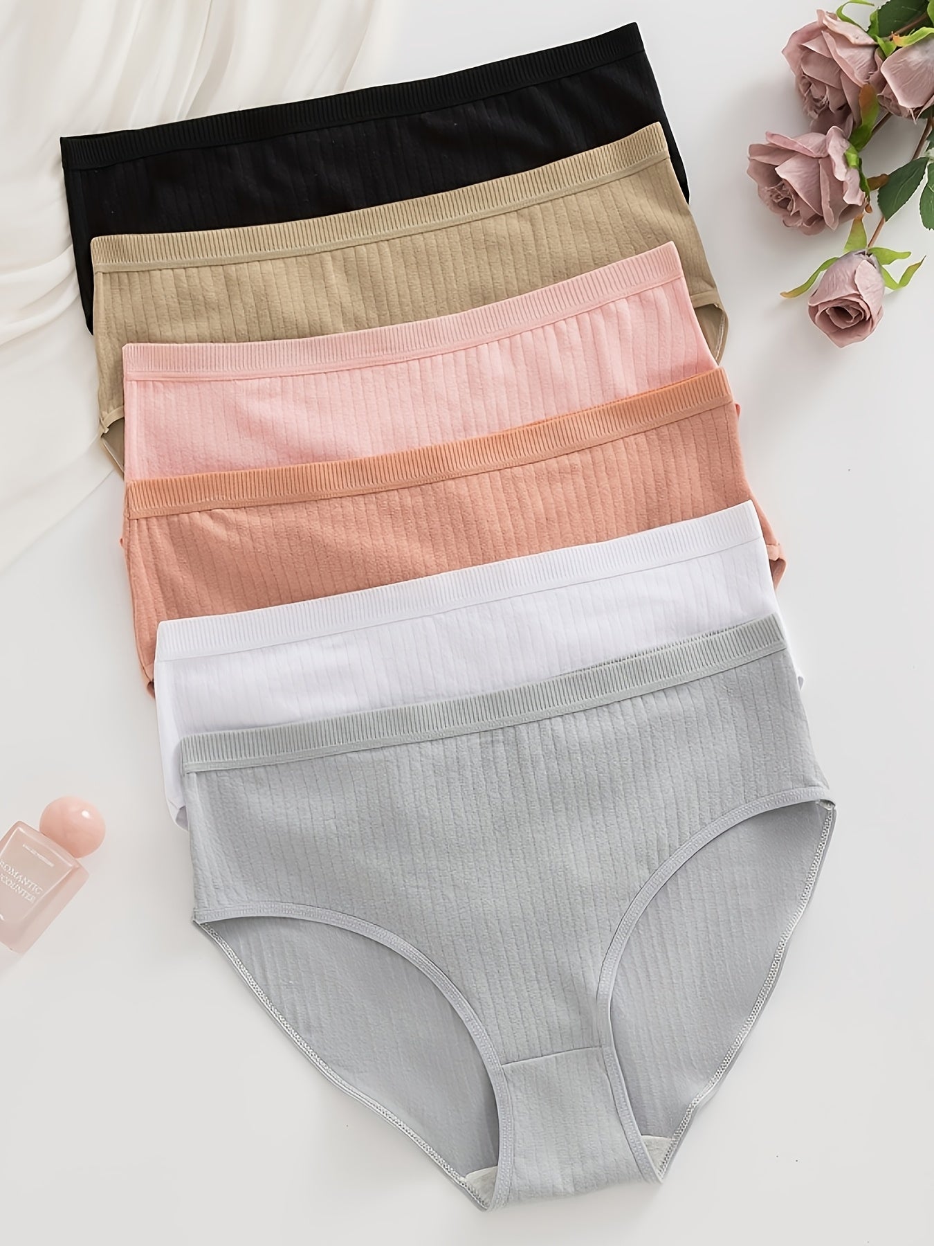 6-Pack Ribbed Thong Panties Women Soft Breathable Mid-Waist | Rib-Knit Triangle Underwear Solid Colors | Maternity-Friendly Everyday Panties Set | S to 5XL Mixed Colors