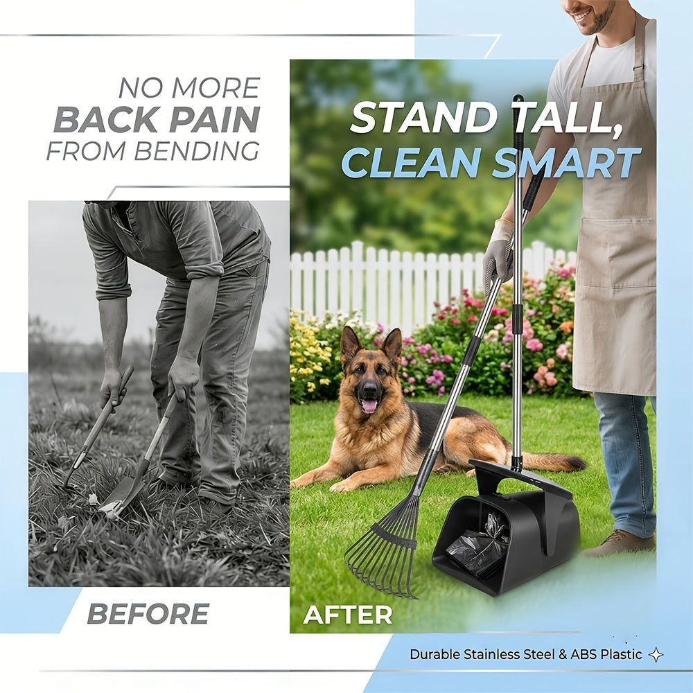 Dog Pooper Scooper Set Heavy Duty with Swivel Bin, Rake & Spade – Long Handle Pet Waste Removal Tool for Grass, Dirt & Gravel, Includes 40 Waste Bags, Great for Large Dogs
