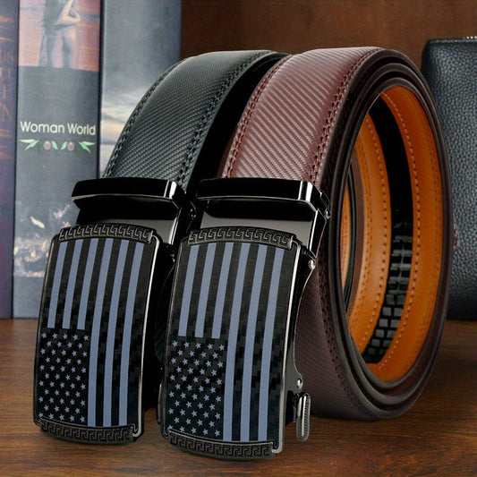 Set of 2 Men's Split Leather Ratchet Belts – American Flag Design with Automatic Slide Alloy Buckle, Adjustable Golf & Casual Dress Belts in Black & Brown, Sizes 110cm to 130cm (Waist 30"-44")