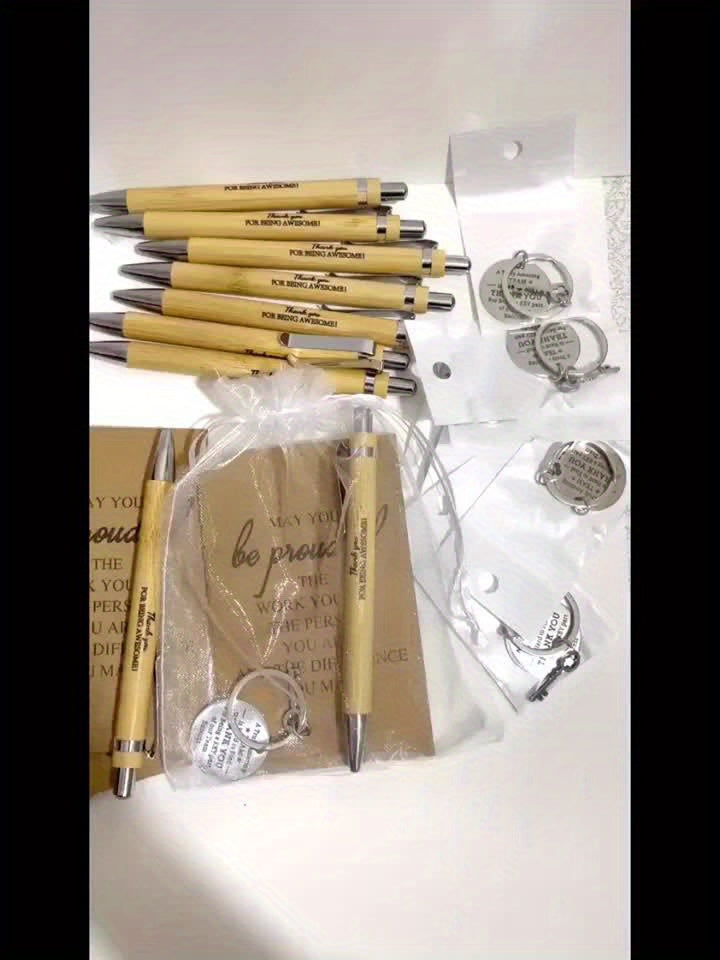 24-Piece Inspirational Gift Set Bamboo Retractable Pen Keychain Gratitude Notebook Gift Bag Bulk Appreciation Gifts for Employees Teachers Thanksgiving Christmas