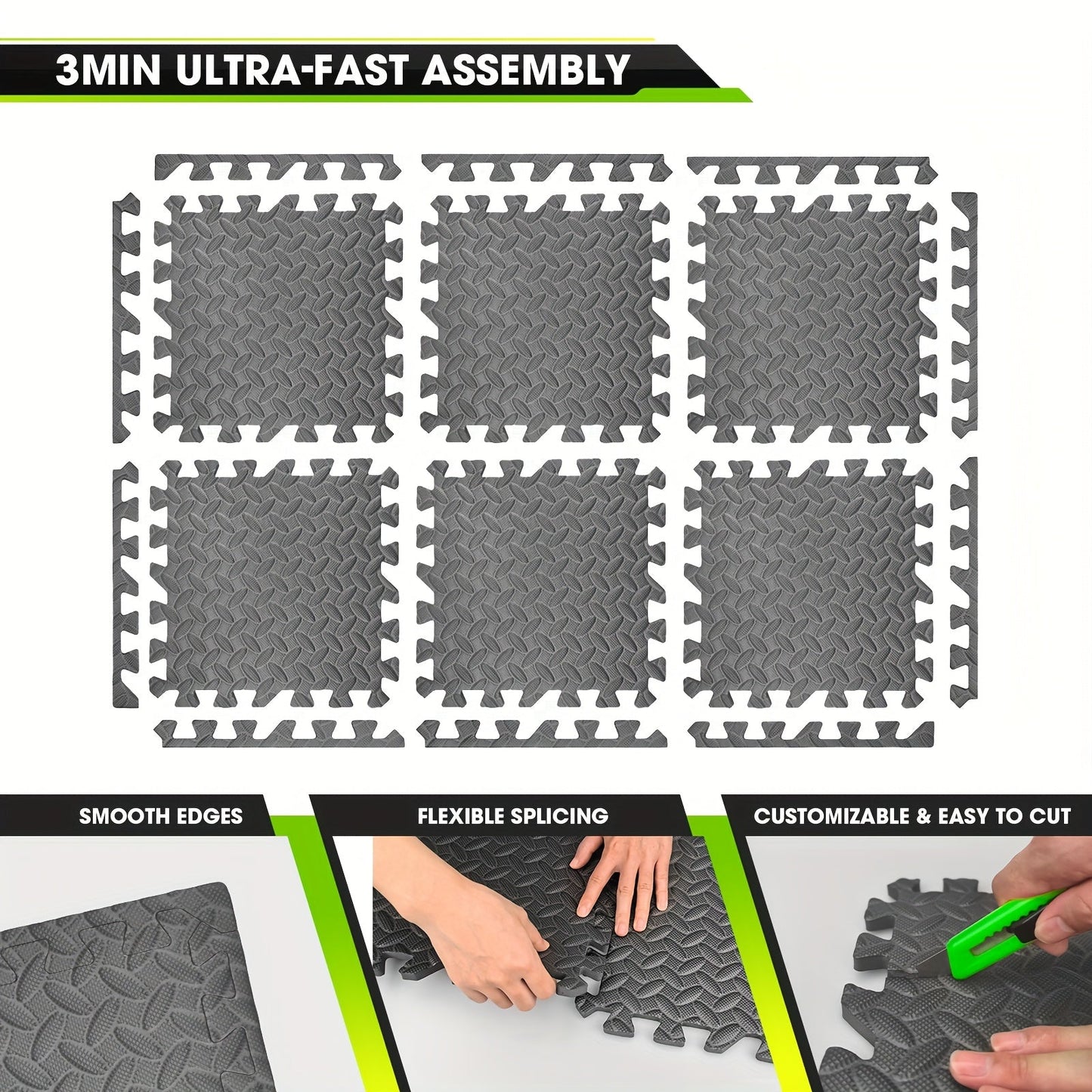 EVA Interlocking Gym Floor Mats 20 or 60 Pack – Thick Impact-Resistant Non-Slip Waterproof Foam Puzzle Tiles for Home Gym, Yoga, Weightlifting & Exercise, Black