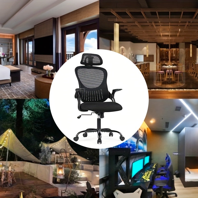 Ergonomic High Back Mesh Office Chair with Adjustable Headrest, Lumbar Support & Flip-Up Armrests – Stainless Steel Frame, Padded Seat, 5-Wheel Rolling Base – Home Office, Lab & Desk Chair (Black/Gray)