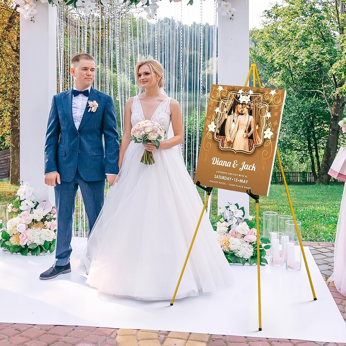 63 Inch Portable Floor Easel Stand Metal Tripod with Carry Bag Wedding Sign Poster Display Quick Assembly Black Gold 1 or 2 Pack
