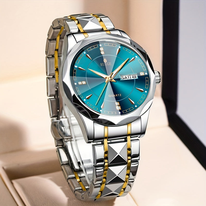 RUIGE Men's Fashion Quartz Watch – Night Light, Dual Calendar, Diamond Shaped Mirror Dial, Stainless Steel Case, Alloy Strap, Business Casual Wristwatch, Perfect Father's Day Gift for Men