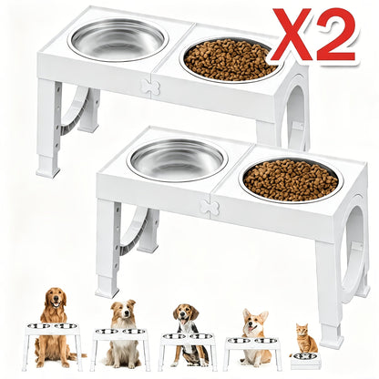 Elevated Dog Bowls Foldable Raised Feeder Stand – 2 Stainless Steel Bowls, Adjustable 5 Heights, Non-Slip, Portable Dog Food Water Bowl for Small Medium Large Dogs & Cats, 2-Pack