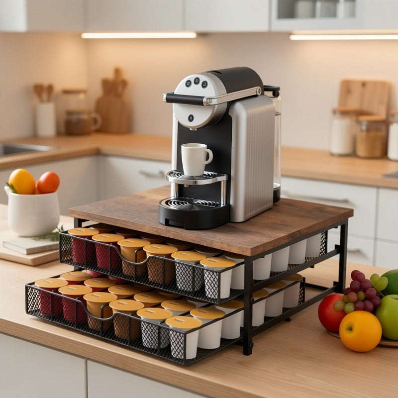 K-Cup Coffee Pod Holder Counter Storage Drawer Organizer for Keurig Nespresso Capsules Sliding Basket Double Layer 48 Pod Capacity Kitchen Countertop Coffee Station Brown