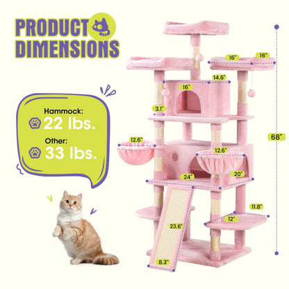WEEWAY Corner Cat Tree Tower for Indoor Cats 36–81 Inch – Multi-Level Cat Furniture with Sisal Scratching Posts, Condo Cave, Hammock, Ramps, Plush Perches, Basket & Pompom Toys, Perfect Cat Gift
