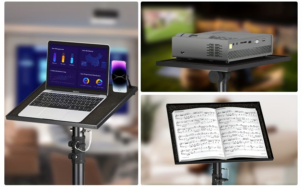 Projector & Laptop Tripod Stand – Height Adjustable with Gooseneck Phone Holder, 180° Tilt Tray, 22 lb Capacity, Portable Floor Stand for Office Home Stage Studio & DJ