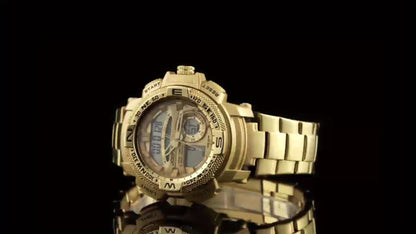 Men's Dual Display Sport Watch – Large Face LED Night Light, 3ATM Waterproof, Chronograph, Alarm & Calendar, Field Style Wristwatch in Gold & Silver