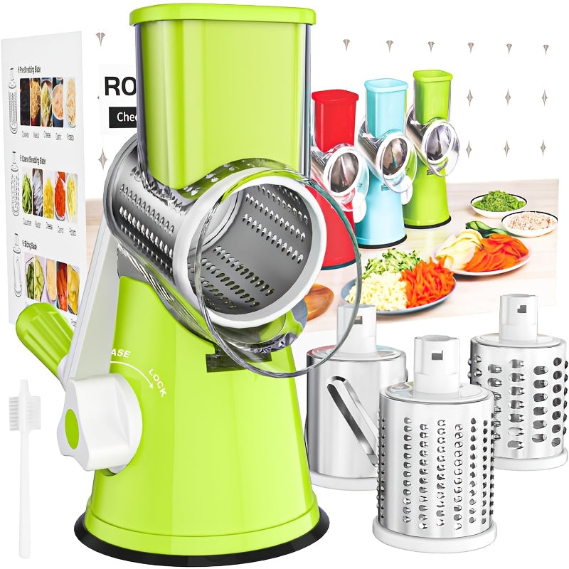 Rotary Cheese Grater Hand Crank Shredder with 3 Interchangeable Blades - Non-Slip Suction Base, Free Cleaning Brush, for Fresh Cheese, Vegetables & Nuts, Kitchen Tool Gift