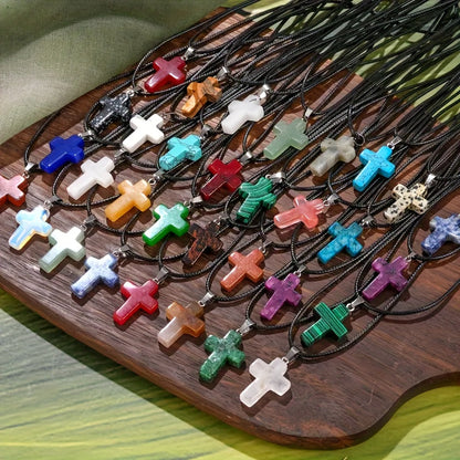 50-Piece Natural Stone Cross Pendant DIY Jewelry Making Set – 25 Mixed Gemstone Cross Pendants & 25 Adjustable Black Faux Leather Necklaces, Bulk Craft Supplies for Necklaces, Bracelets & Earrings