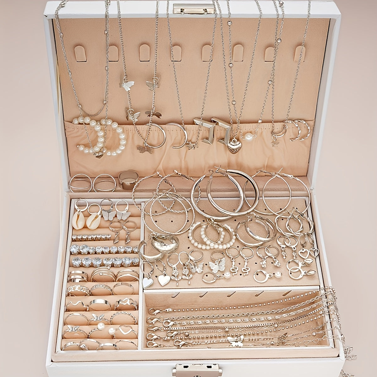 108pcs Imitation Pearl Jewelry Set for Women – Geometric Heart Butterfly Star Stackable Rings Earrings Necklace Bracelet, Fall Winter Fashion Accessories for Party Vacation Dating Holiday Gift