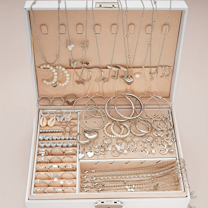 108pcs Imitation Pearl Jewelry Set for Women – Geometric Heart Butterfly Star Stackable Rings Earrings Necklace Bracelet, Fall Winter Fashion Accessories for Party Vacation Dating Holiday Gift