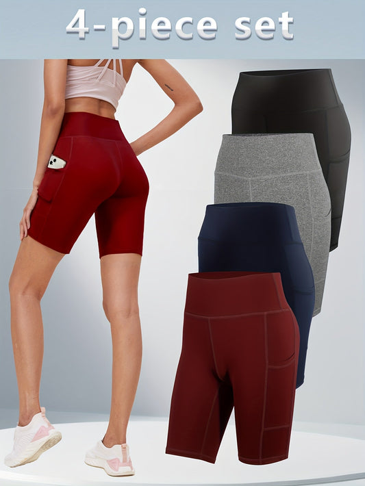 Women's High-Waisted Yoga Shorts 4-Pack Butt-Lifting 5-Pocket – Mid-Stretch Breathable Seamless Workout Shorts for Summer Yoga, Pilates & Gym Training (Red, Black, Gray, Navy Blue)